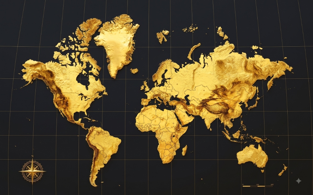 Golden World Map relief projection